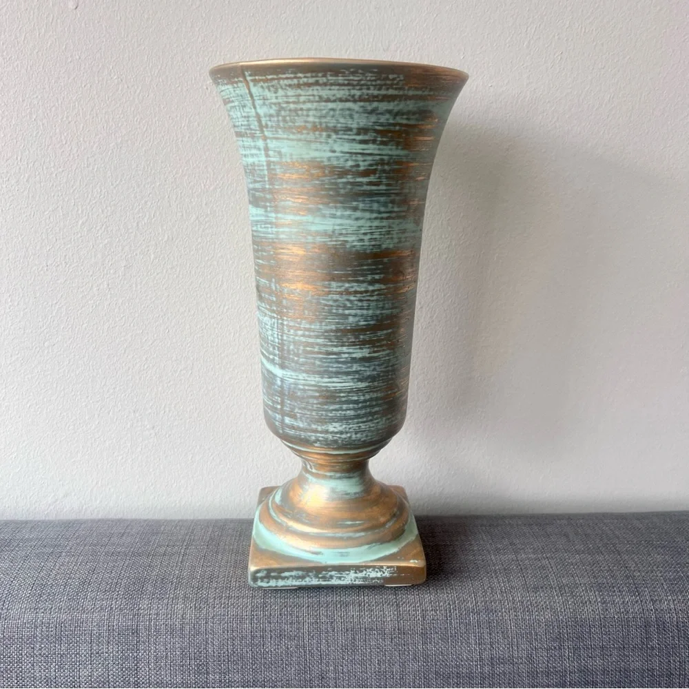 Elegant Stangl Aqua green and Gold/Bronze Vase 11” tall hard to find style